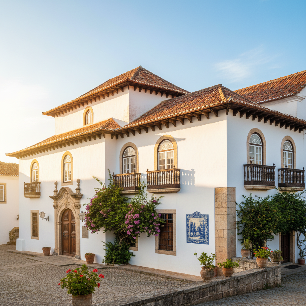 Portuguese-style heritage building with terracotta roof tiles and whitewashed walls in Goa