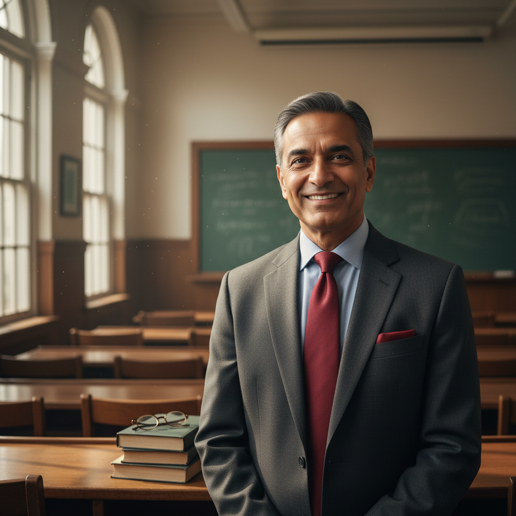 Professional Indian male chemistry educator in formal attire, warm expression, academic environment
