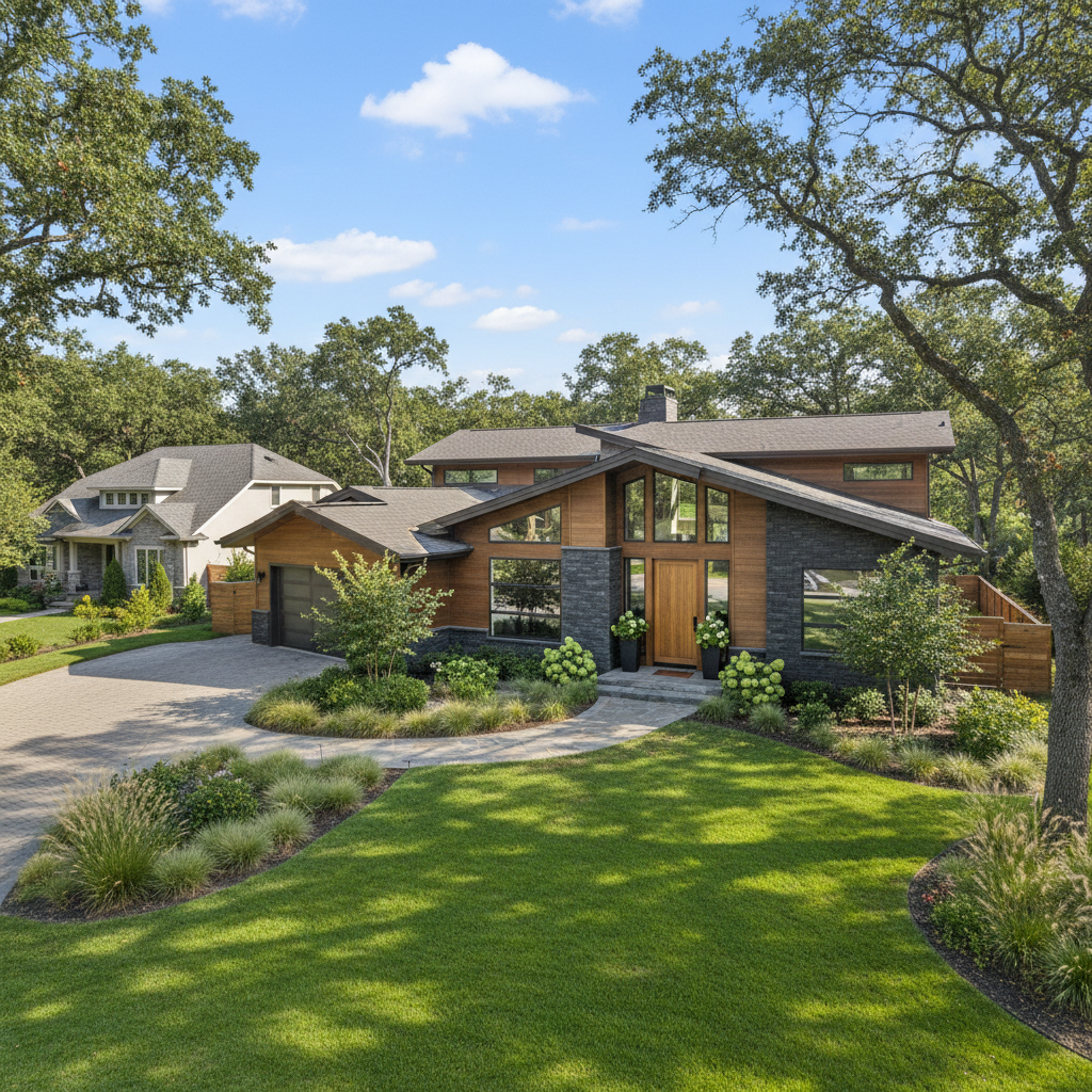 Modern house exterior in summer, lush green lawn, clear blue sky, large windows, contemporary architecture