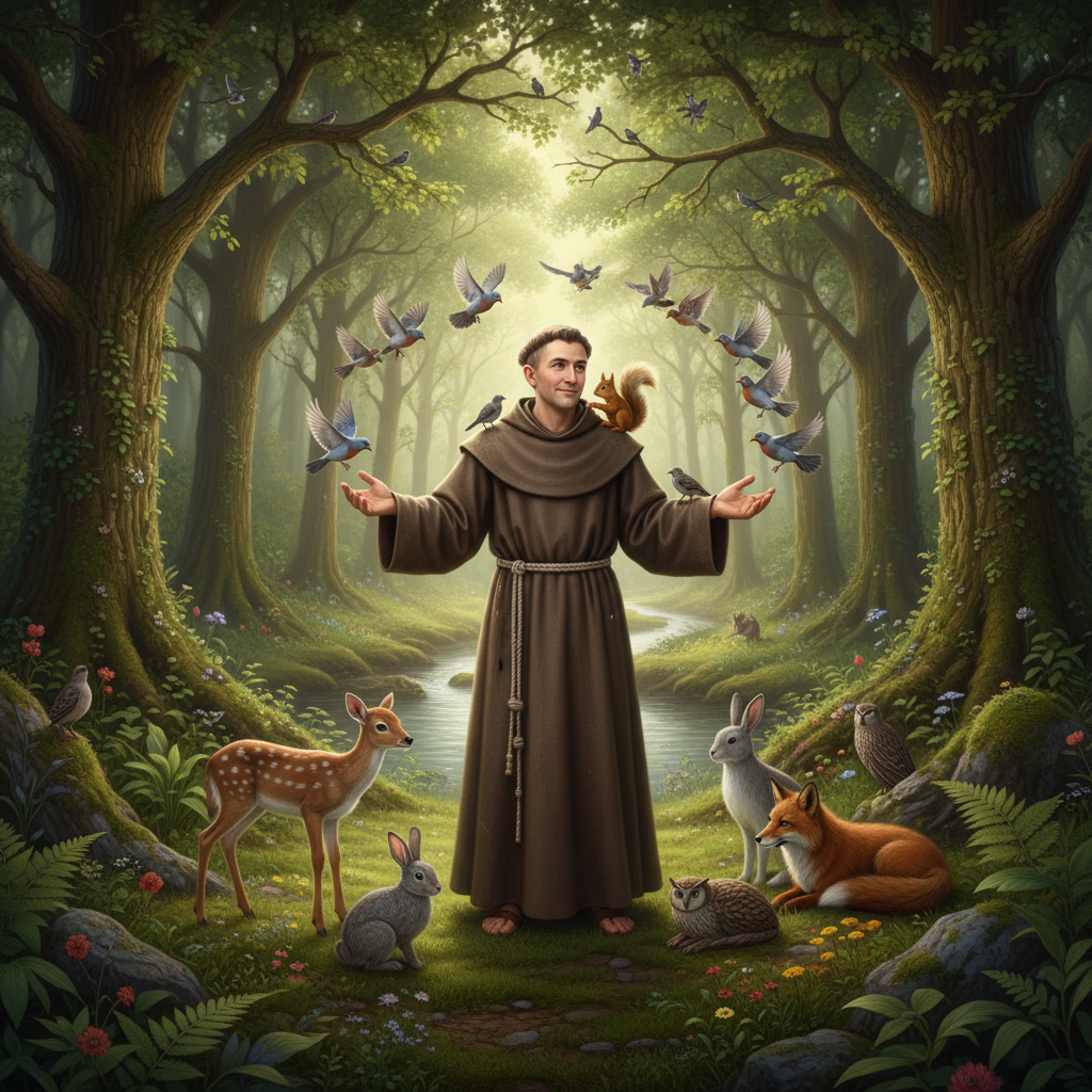 St. Francis of Assisi in brown robes with birds in forest setting