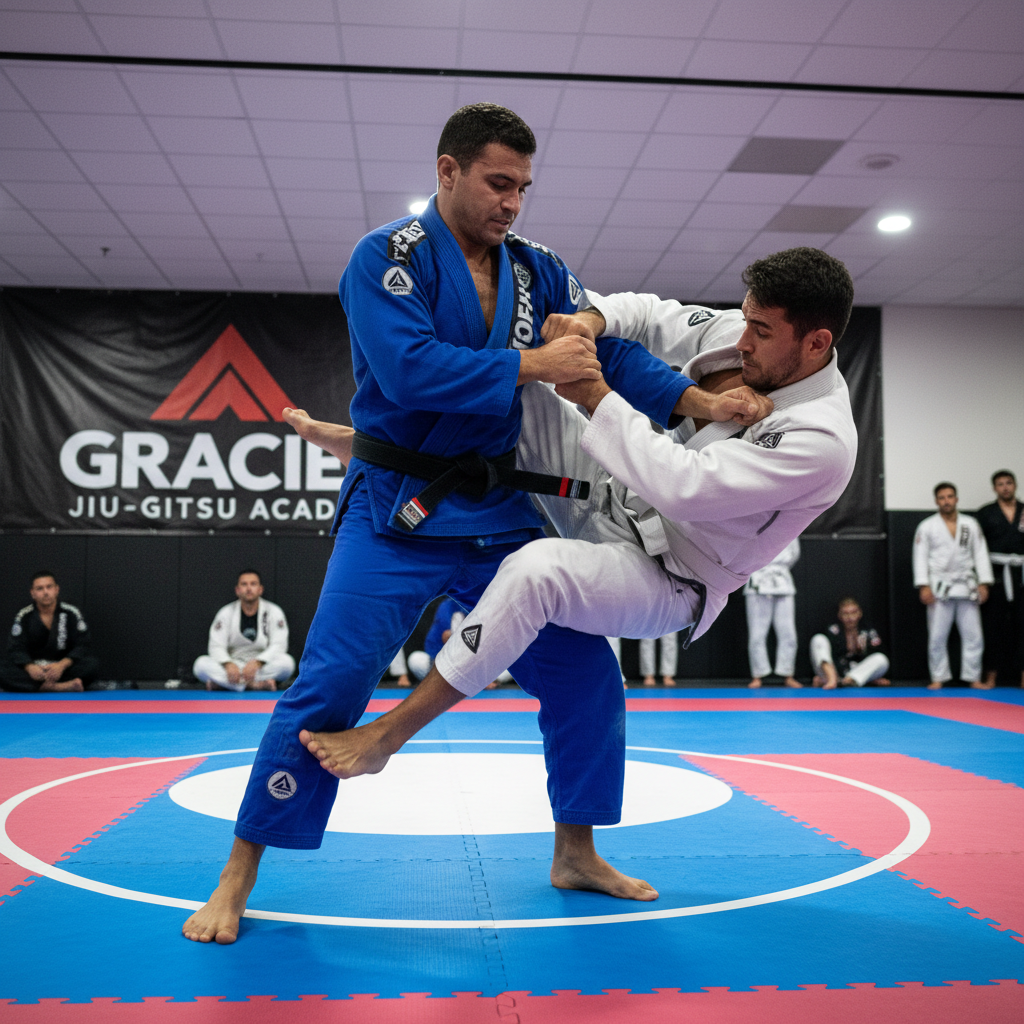 BJJ training video thumbnail, two practitioners grappling on blue mat, bright facility