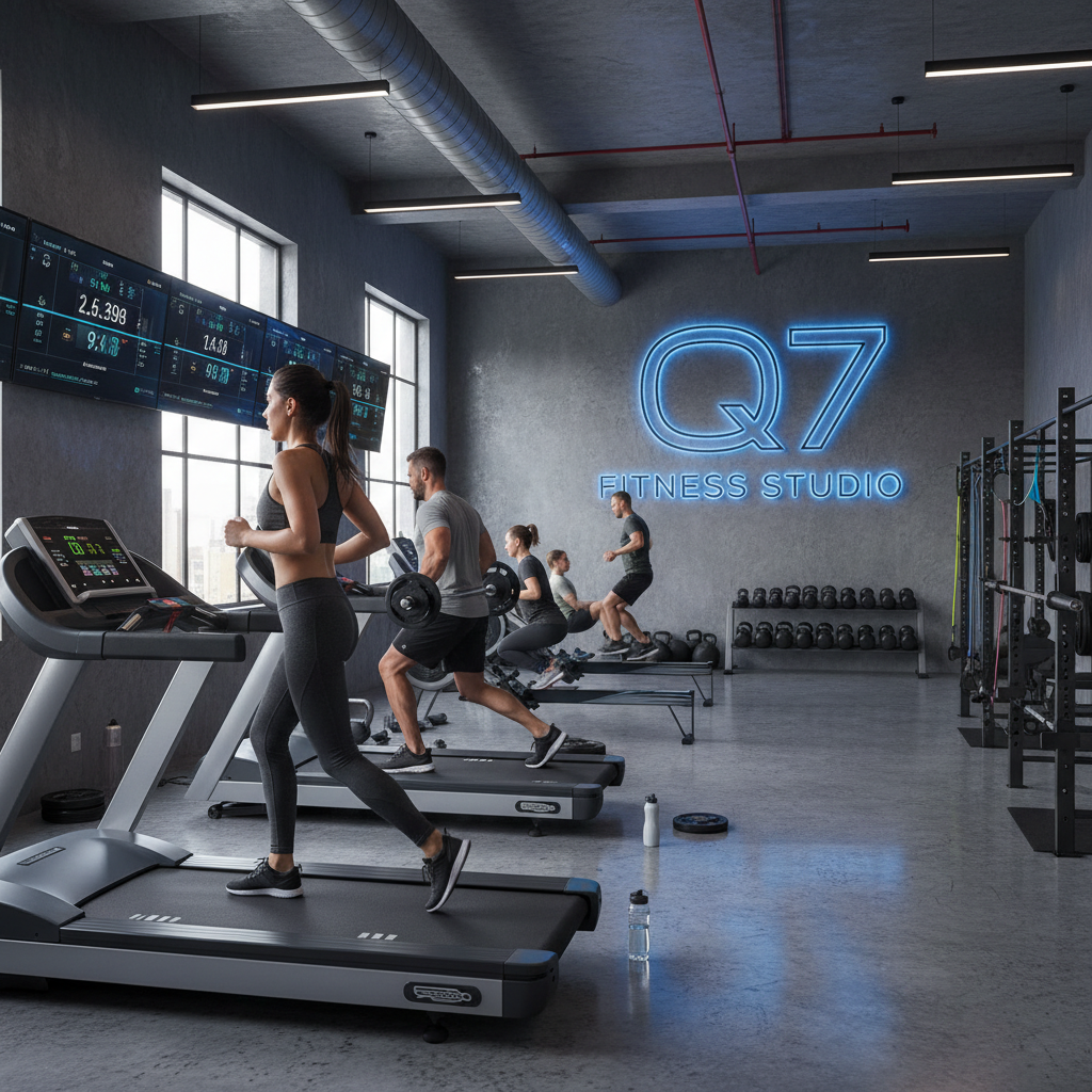 Person running on a treadmill in a dim modern gym with neon lighting
