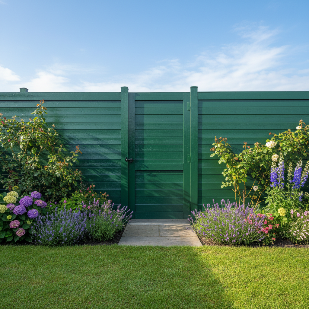 Newly painted garden fence and gate with smooth gloss finish on a residential property