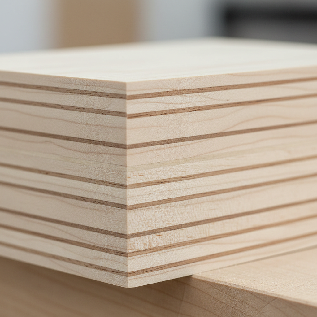 Close-up of birch plywood edge grain showing seven-ply construction