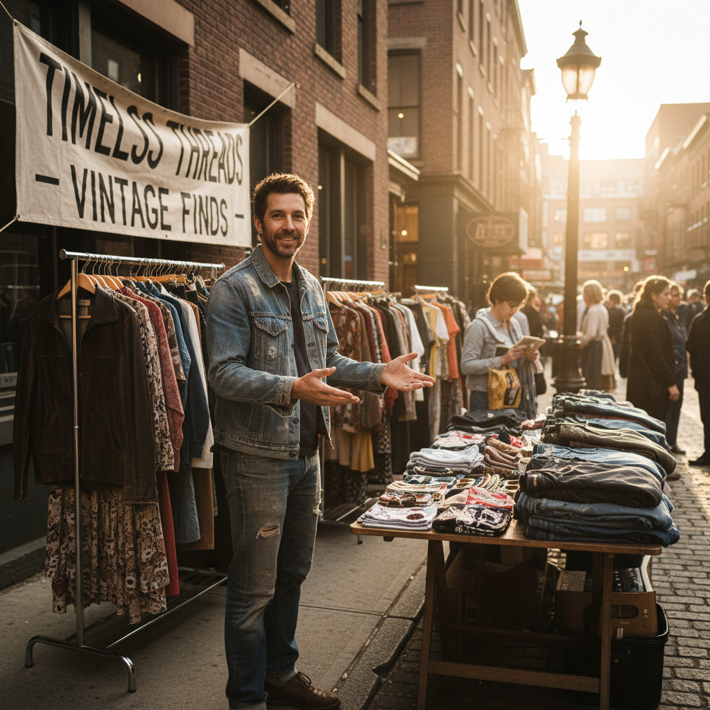 DeShawn Okafor, vintage clothing seller, man wearing a faded denim jacket