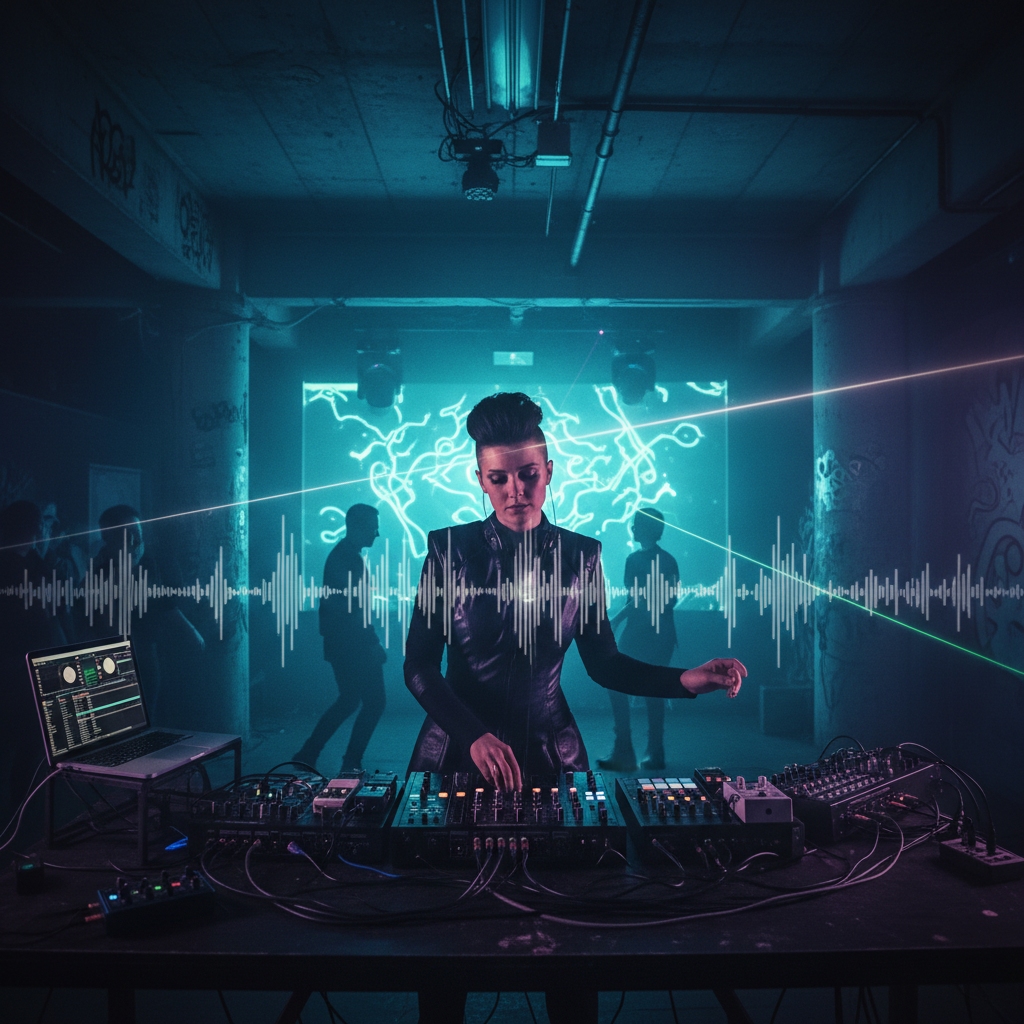 DJ Amelie Lens behind the decks at a dark techno club