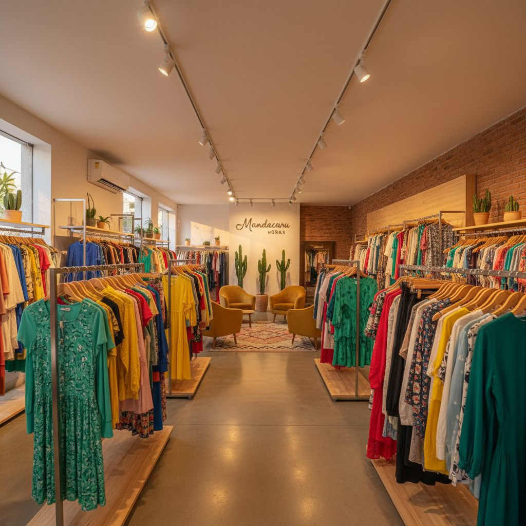 Interior organizado da Mandacaru Modas, araras com roupas coloridas bem iluminadas, ambiente acolhedor de boutique