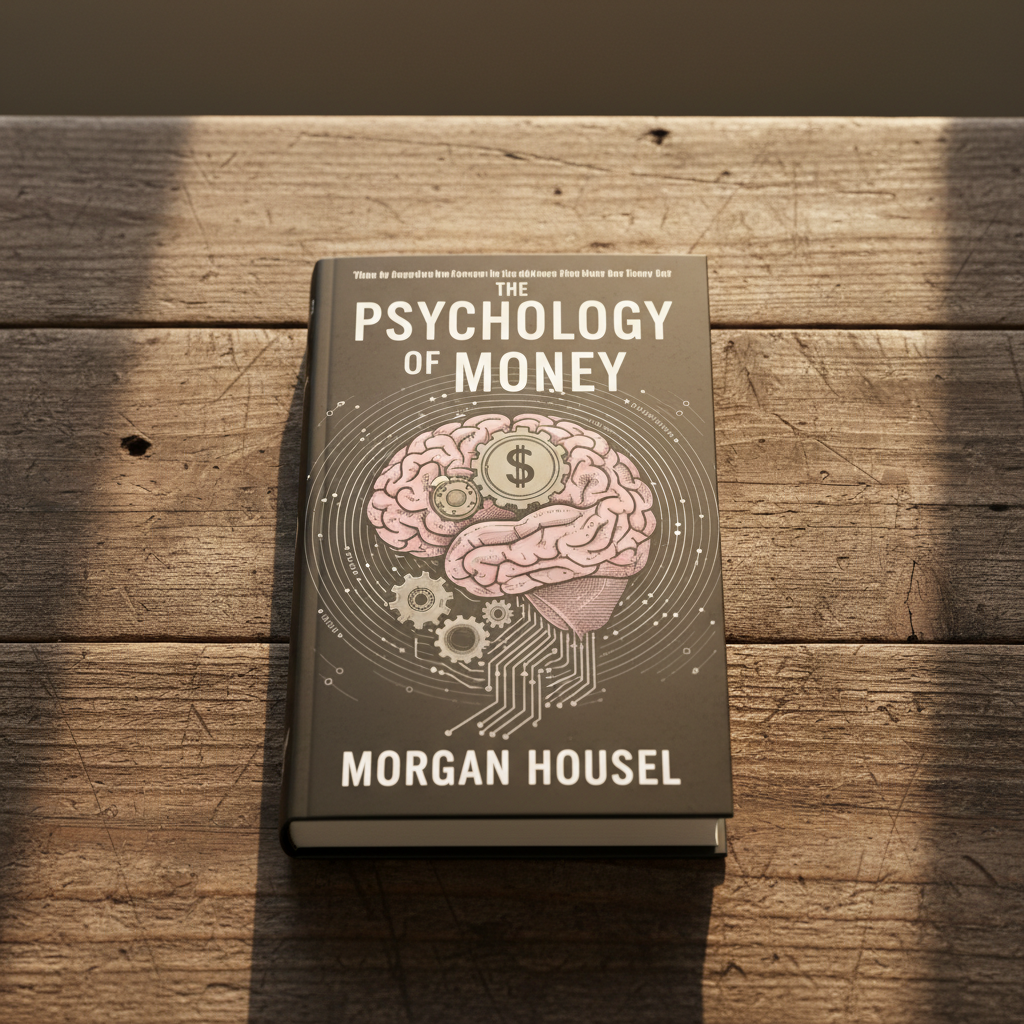 The Psychology of Money book by Morgan Housel on dark wooden surface