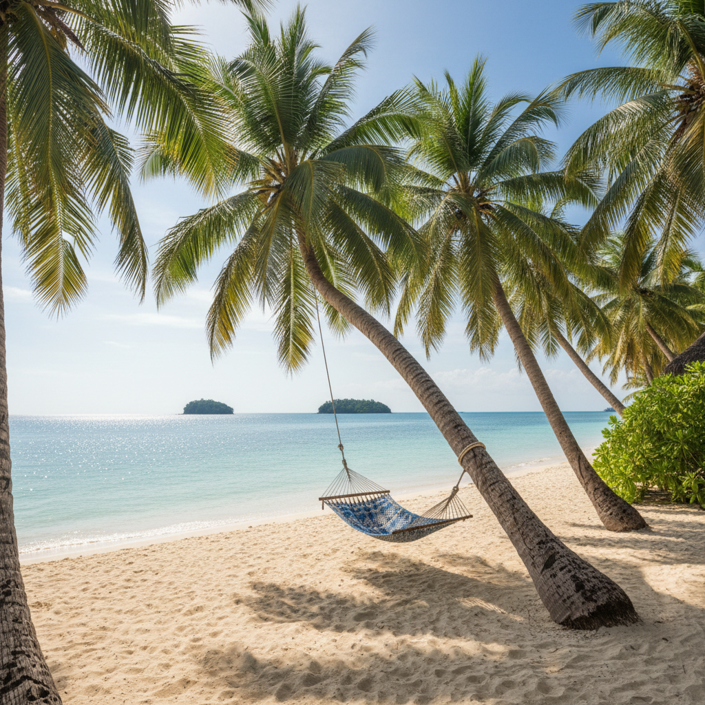 Tropical beach with palm trees and hammock overlooking turquoise sea on quiet Thai island