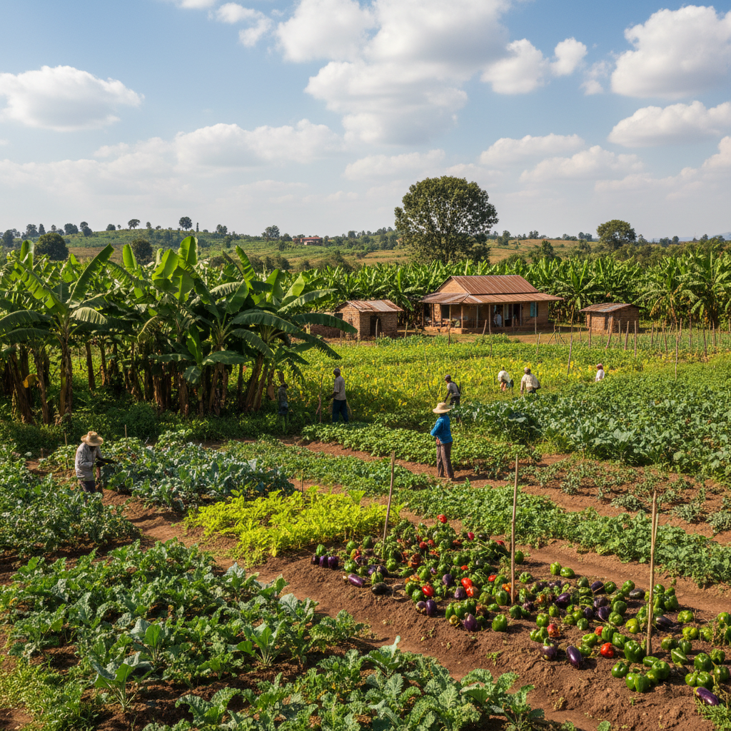 Jamaican farmer in lush green field holding fresh vegetables, dark rich soil, tropical morning light, shadowed green canopy, atmospheric outdoor setting