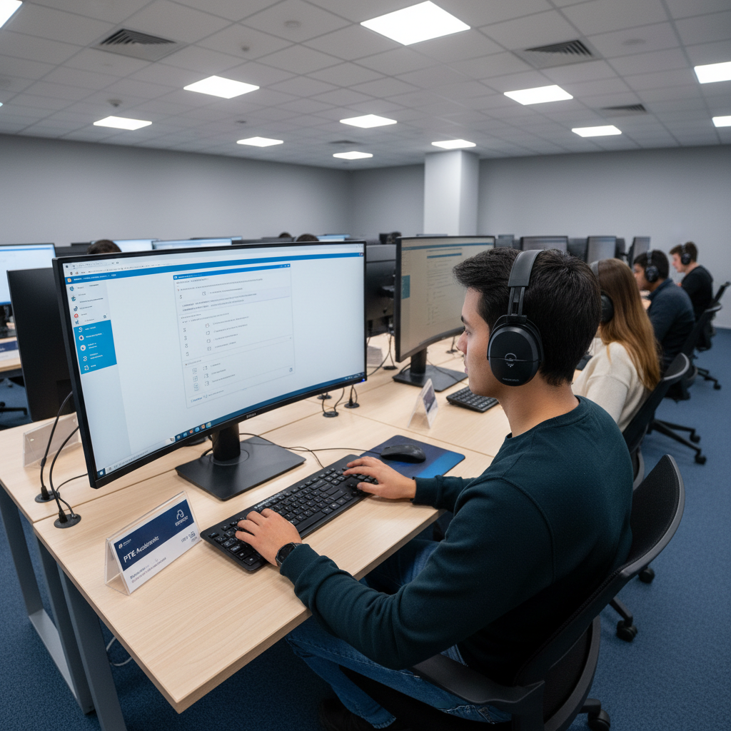 Student taking PTE computer-based English test at a computer workstation in a testing centre