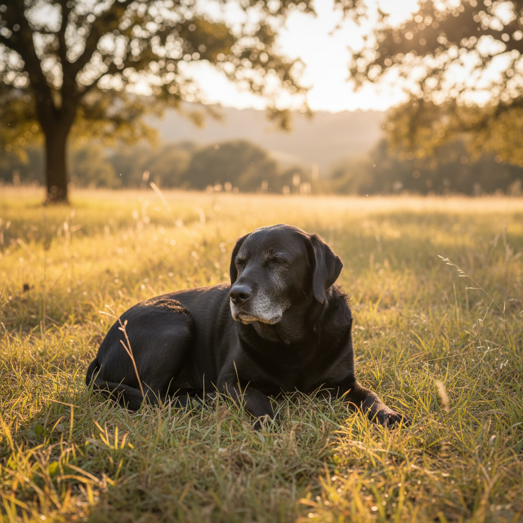 Senior black labrador with graying muzzle resting peacefully in afternoon sunlight