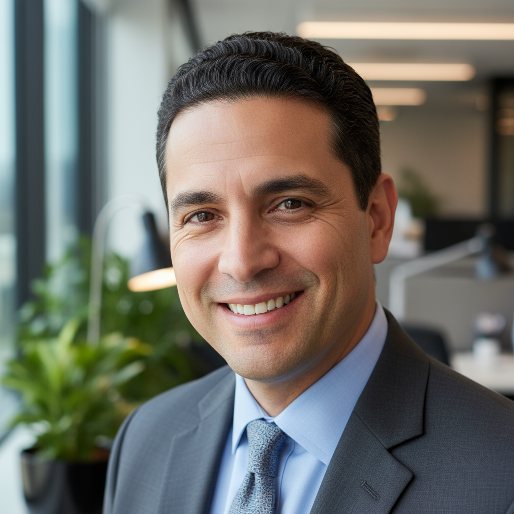 Hispanic man with short dark hair in gray suit jacket with warm smile in professional office environment