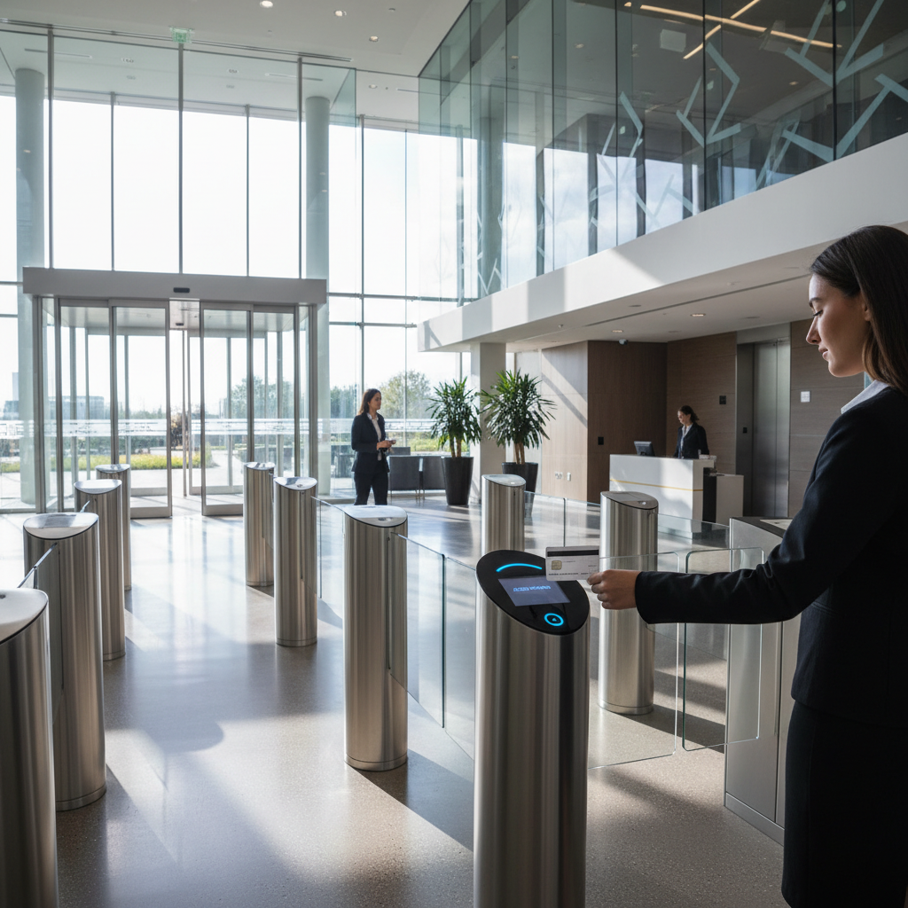 Security professional assessing physical access controls at a modern office building entrance with key card reader and CCTV cameras
