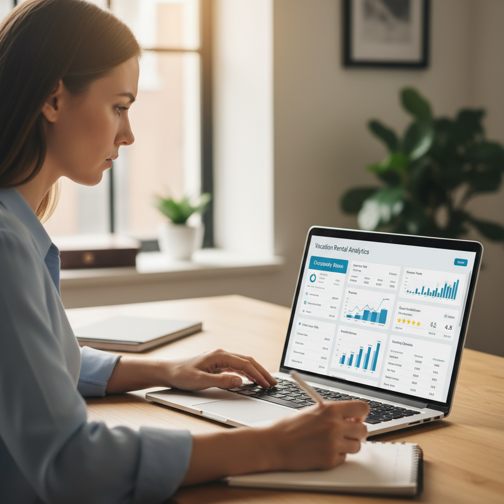 Property manager reviewing vacation rental analytics dashboard on laptop