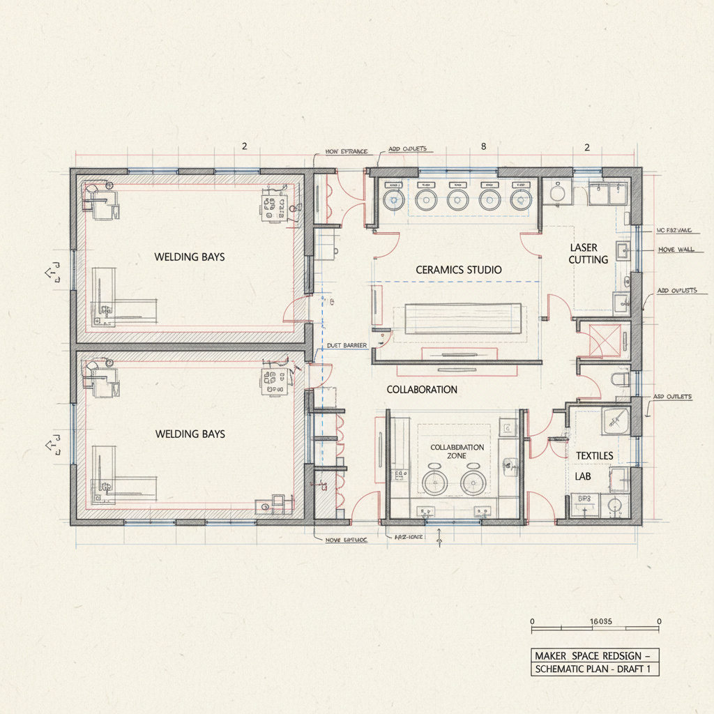 Architectural floor plan drawings with pencil annotations showing maker space layout including welding bays and ceramics studio