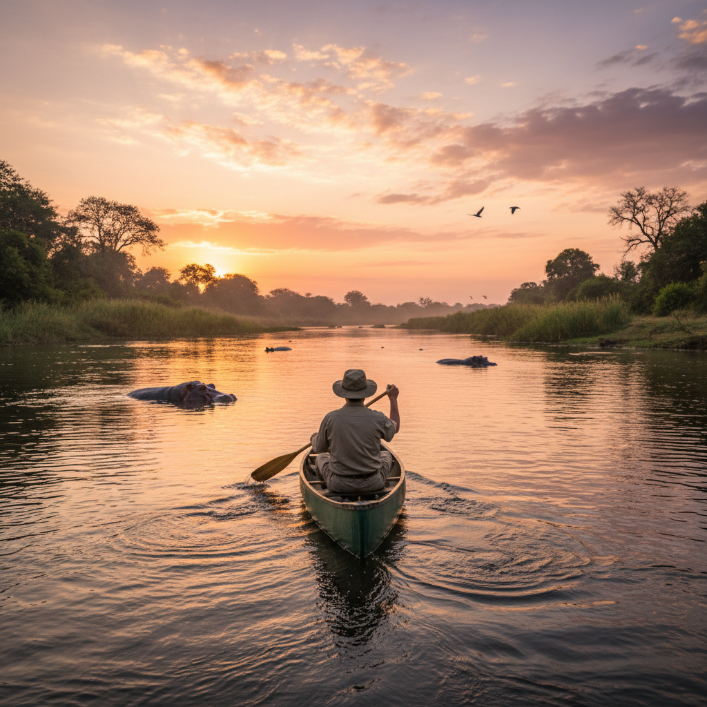 Zambezi River at Mana Pools with hippos and acacia trees at sunrise