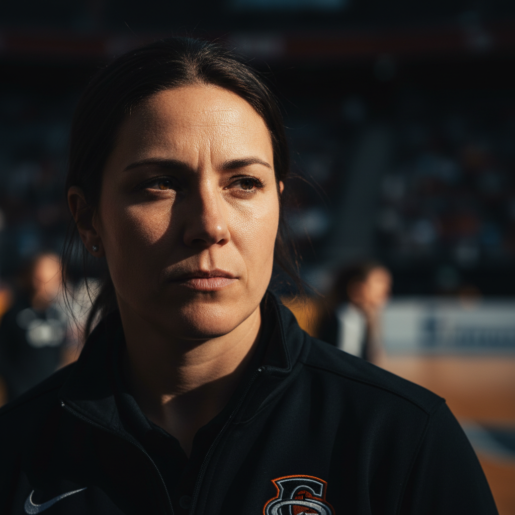 Denise Kowalski, assistant coach with determined expression in chiaroscuro lighting
