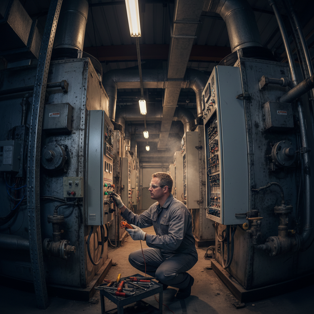 Technician inspecting industrial compressor, close-up of mechanical components, dark industrial setting, low-key lighting