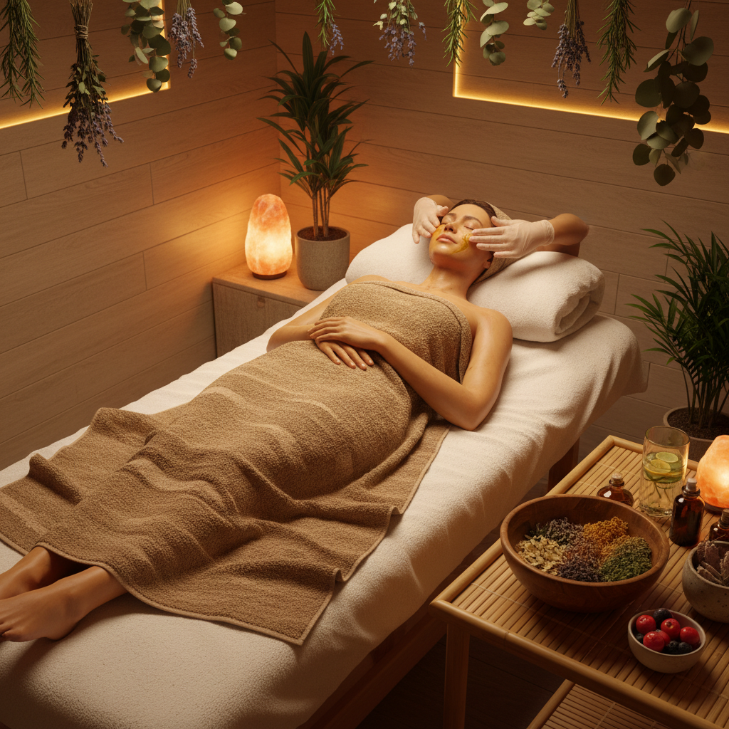 Man receiving a luxury facial treatment in a dimly lit spa with dark ambient lighting