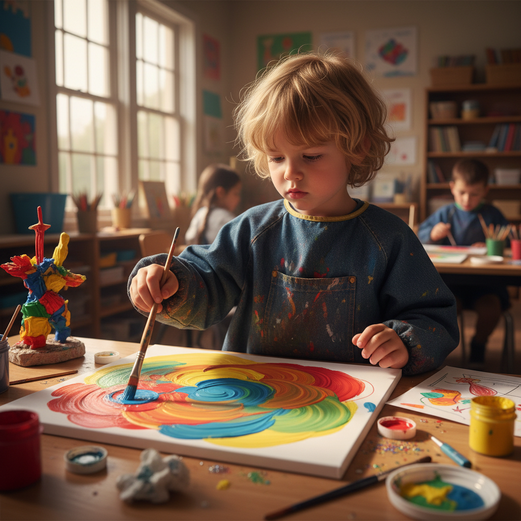Child focused on creative artwork in an art class