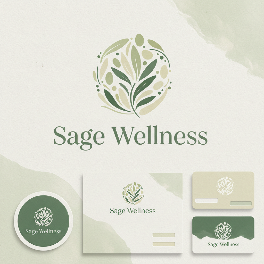 Soft sage green brand identity mockup on cream paper, minimal wellness brand logo, clean typography on packaging