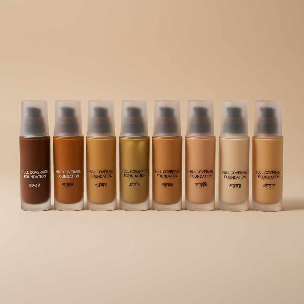 Foundation bottles in various shades arranged on pink surface