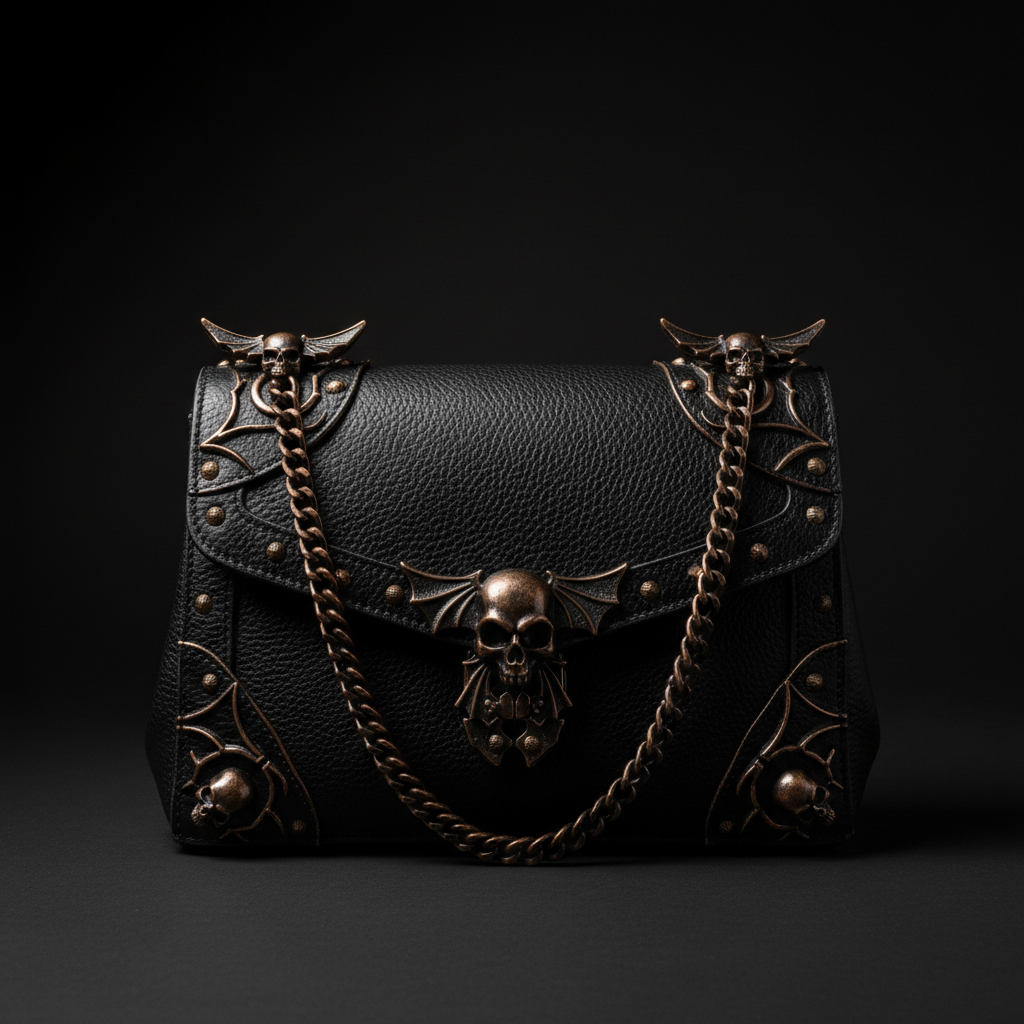 Hand-oxidized chain pulls and hardware detail on gothic leather bag