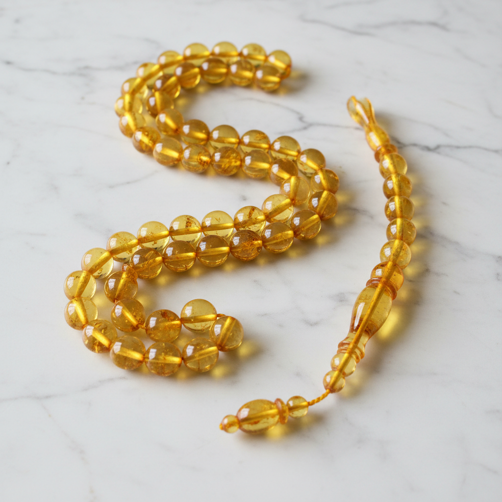 White crystal quartz mala prayer beads with gold spacers on marble surface