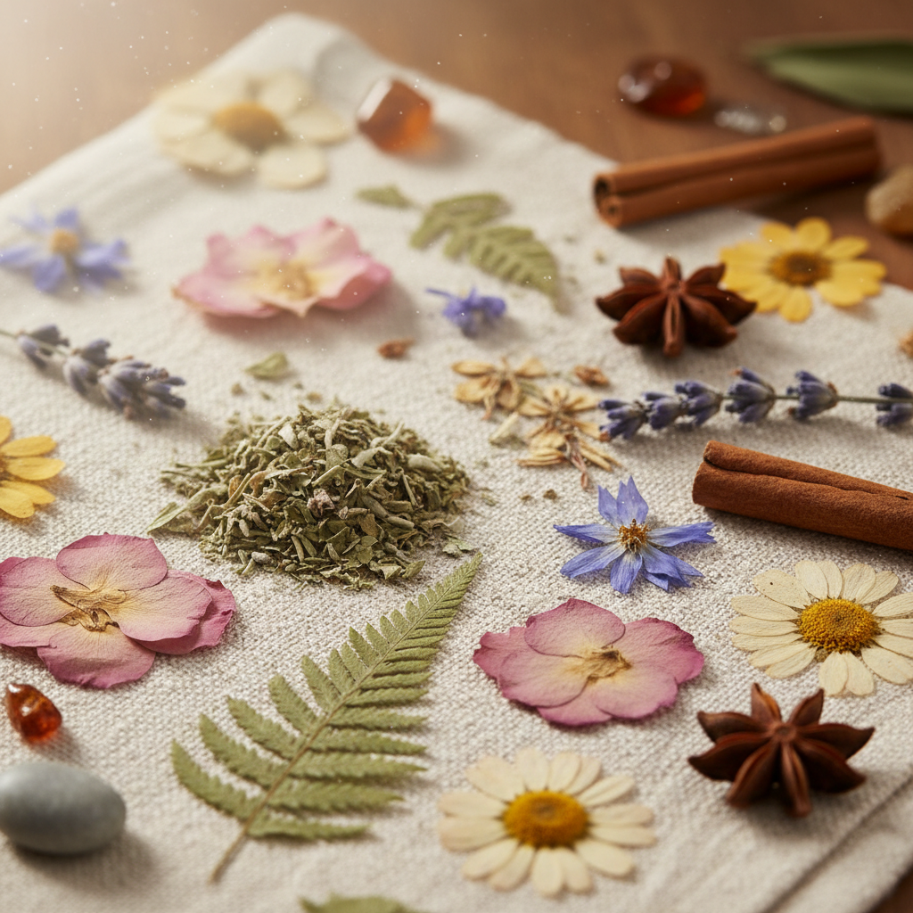 Assorted dried botanicals and spices arranged on light cloth, warm tones, natural ingredients, artisan styling