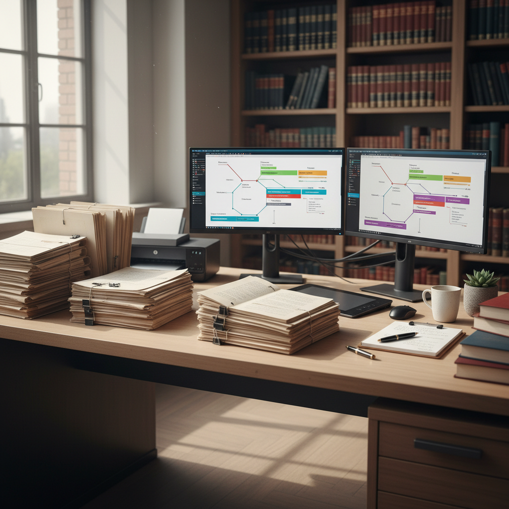 Organized law office desk with stacked case files being digitized into structured timelines