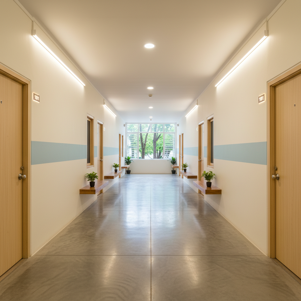 Warm shelter corridor with soft overhead lighting, clean organized sleeping area, safe and welcoming environment