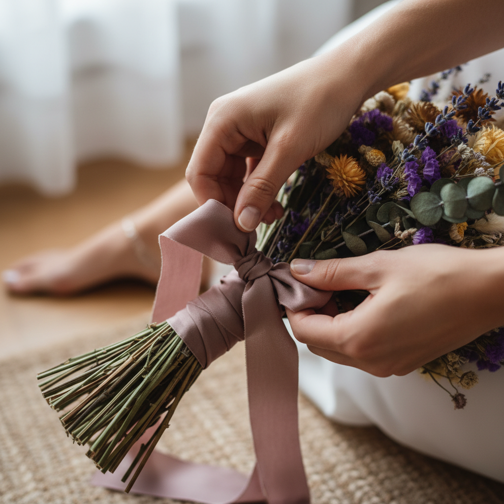 Close-up of expert hands tying a silk ribbon around a beautiful white rose bouquet
