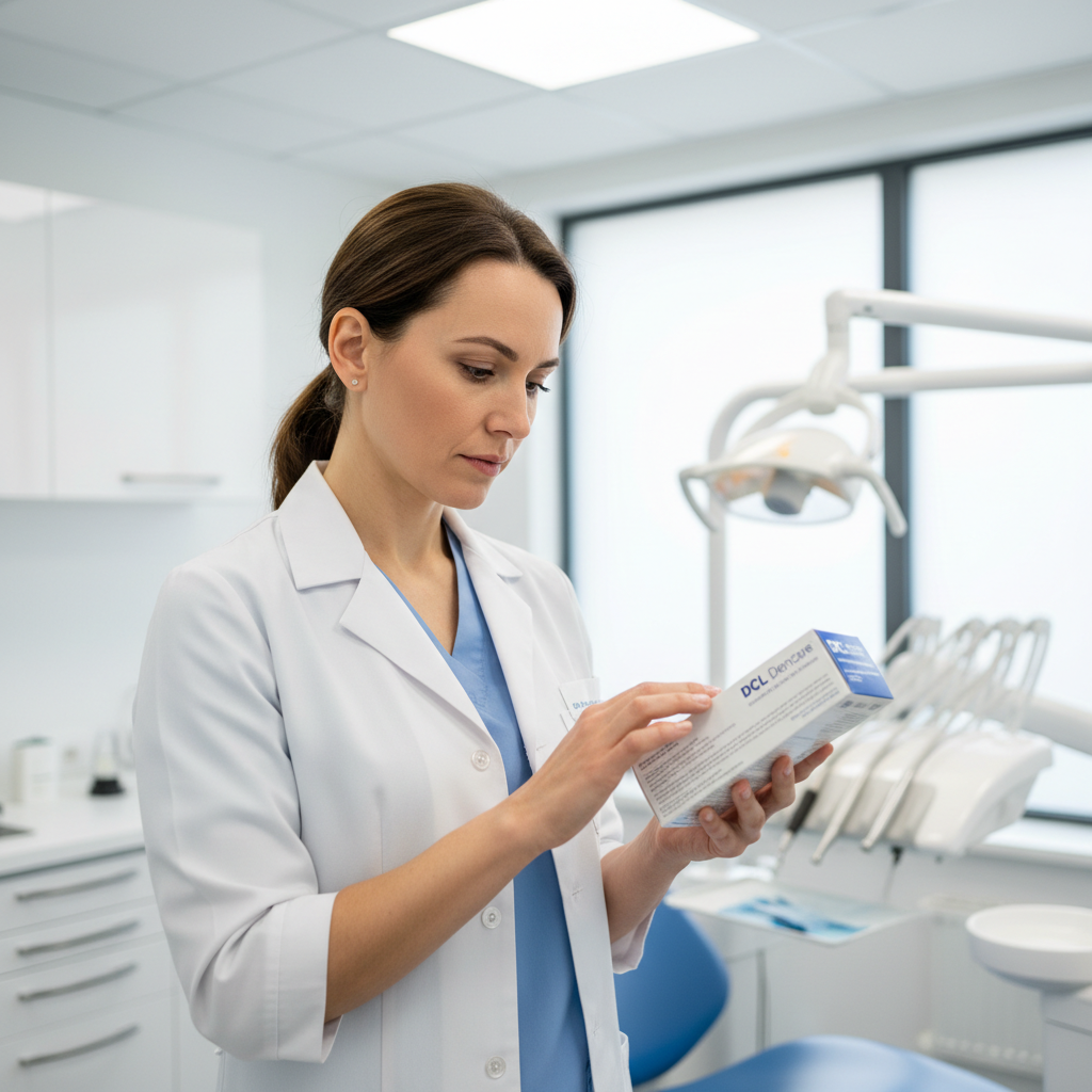 Dental professional in white coat examining DCL Dencare product in a bright clinical setting
