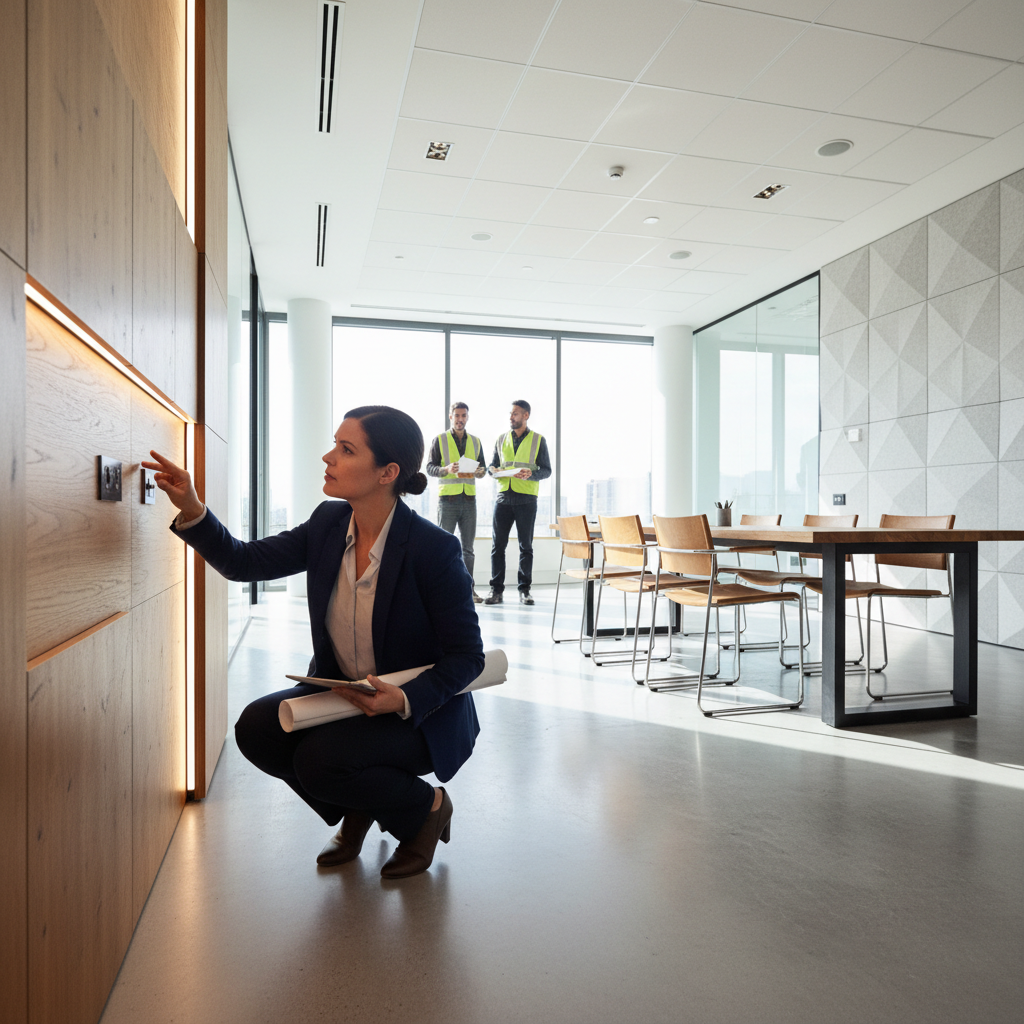 Female architect reviewing window treatment designs in contemporary office