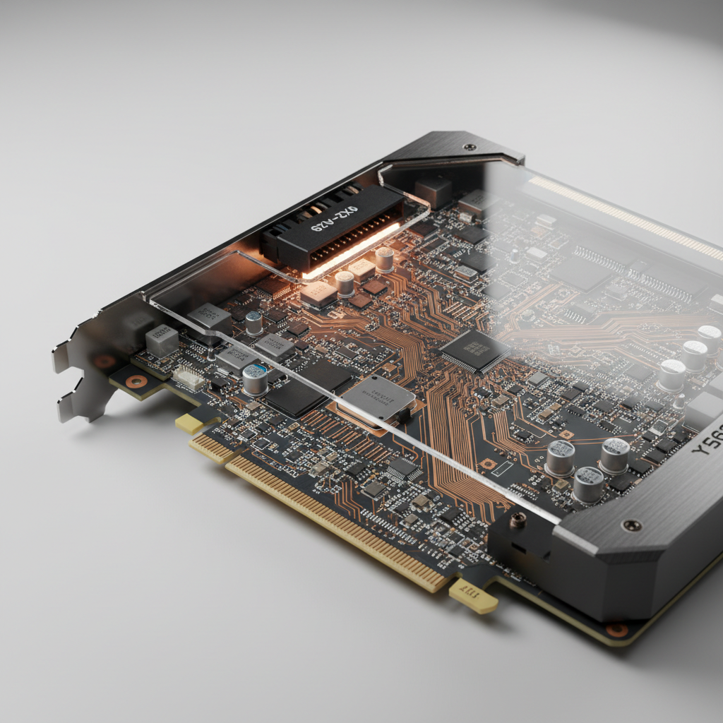 RTX 5080 graphics card with visible PCB traces and power connector highlighted under studio lighting
