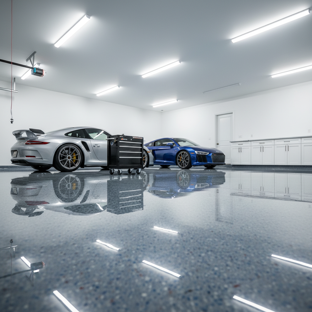 Shiny completed polyaspartic topcoat on garage floor looking like showroom