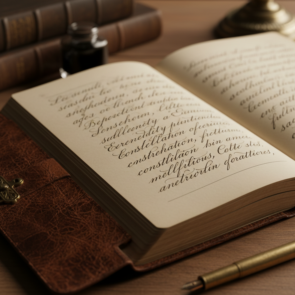 Close-up of handwritten cursive text in a leather-bound journal under warm lamplight