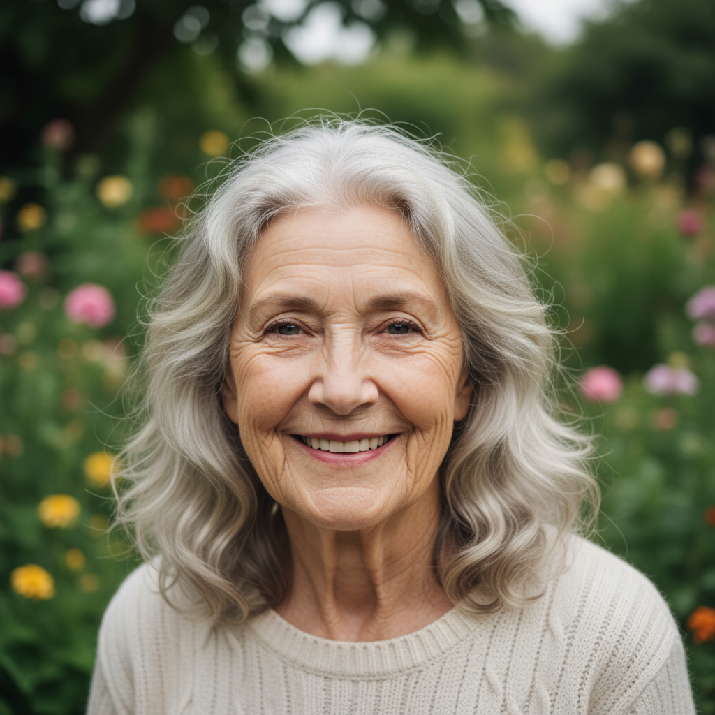Older woman with warm smile and silver hair in a garden setting