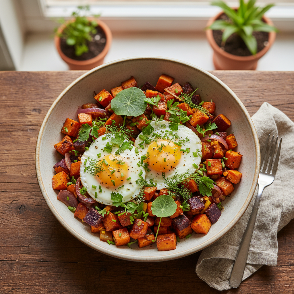 Warm overhead photograph of Nourish sweet potato hash with pastured eggs and fresh herbs in clean ceramic bowl