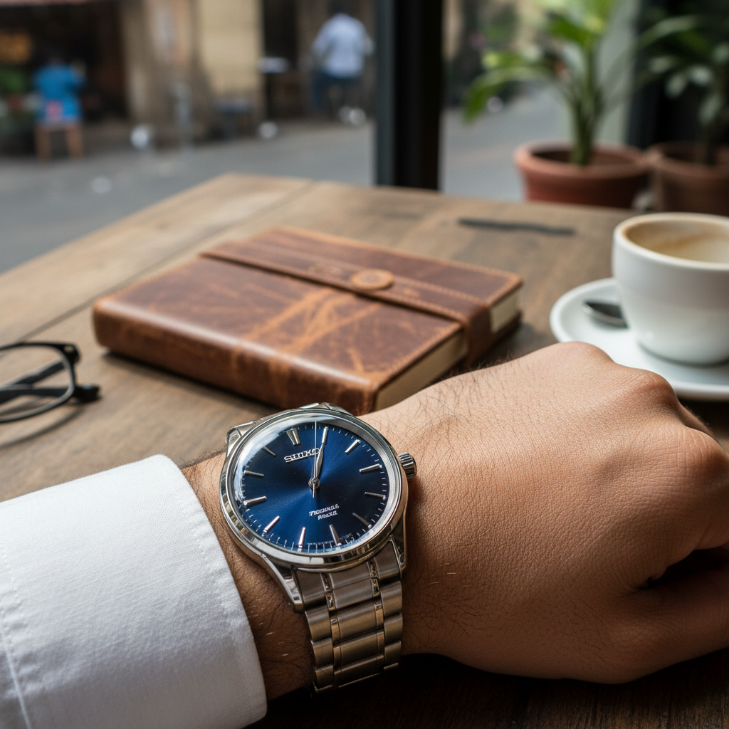Wrist shot of a Seiko dress watch against worn leather notebook on a café table in Mumbai