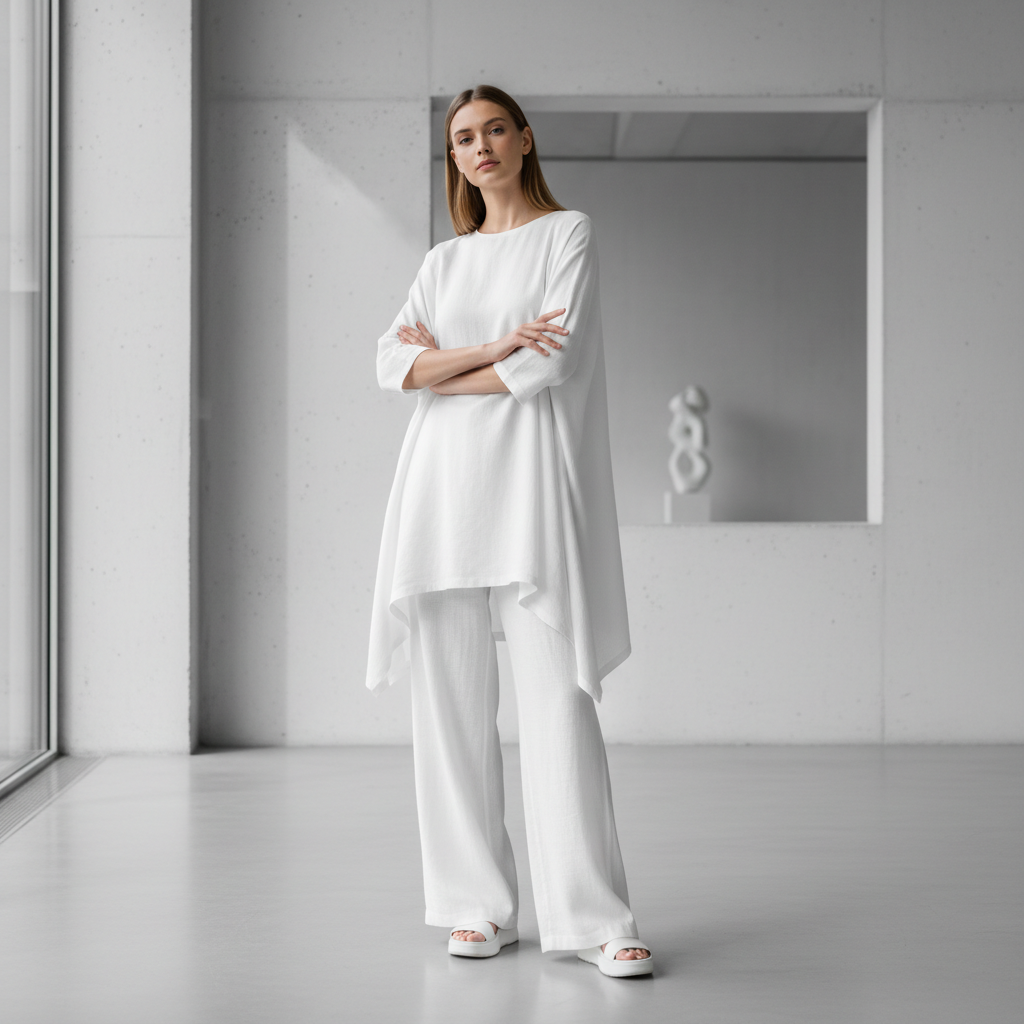 Minimalist urban fashion portrait, clean architectural background, high contrast black and white