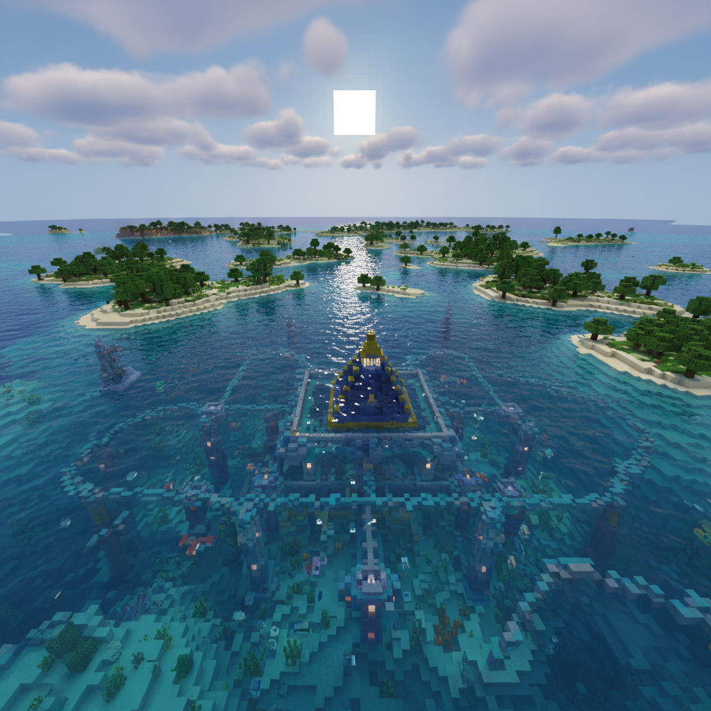 Colorful Roblox game world with bright blue ocean waves, vibrant game environment, dynamic lighting
