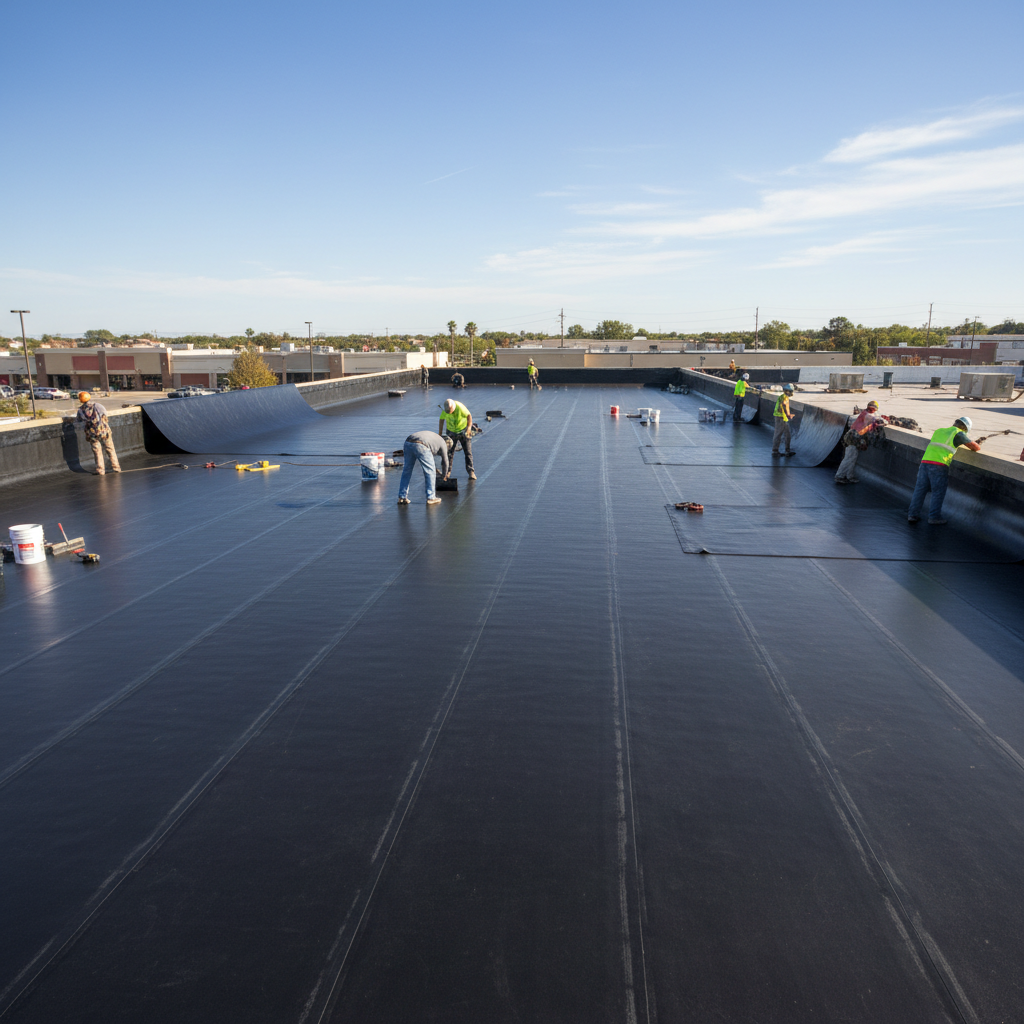 Silicone roof coating being applied to flat commercial roof, white reflective surface