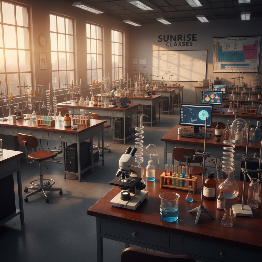 Well-equipped science laboratory with lab benches, microscopes, and safety equipment under bright overhead lighting