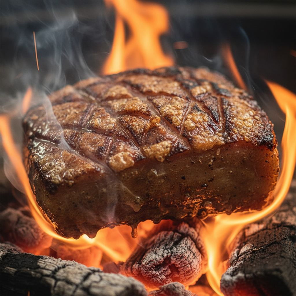 Scored beef fat crisping over orange hardwood coals, close-up with smoke rising