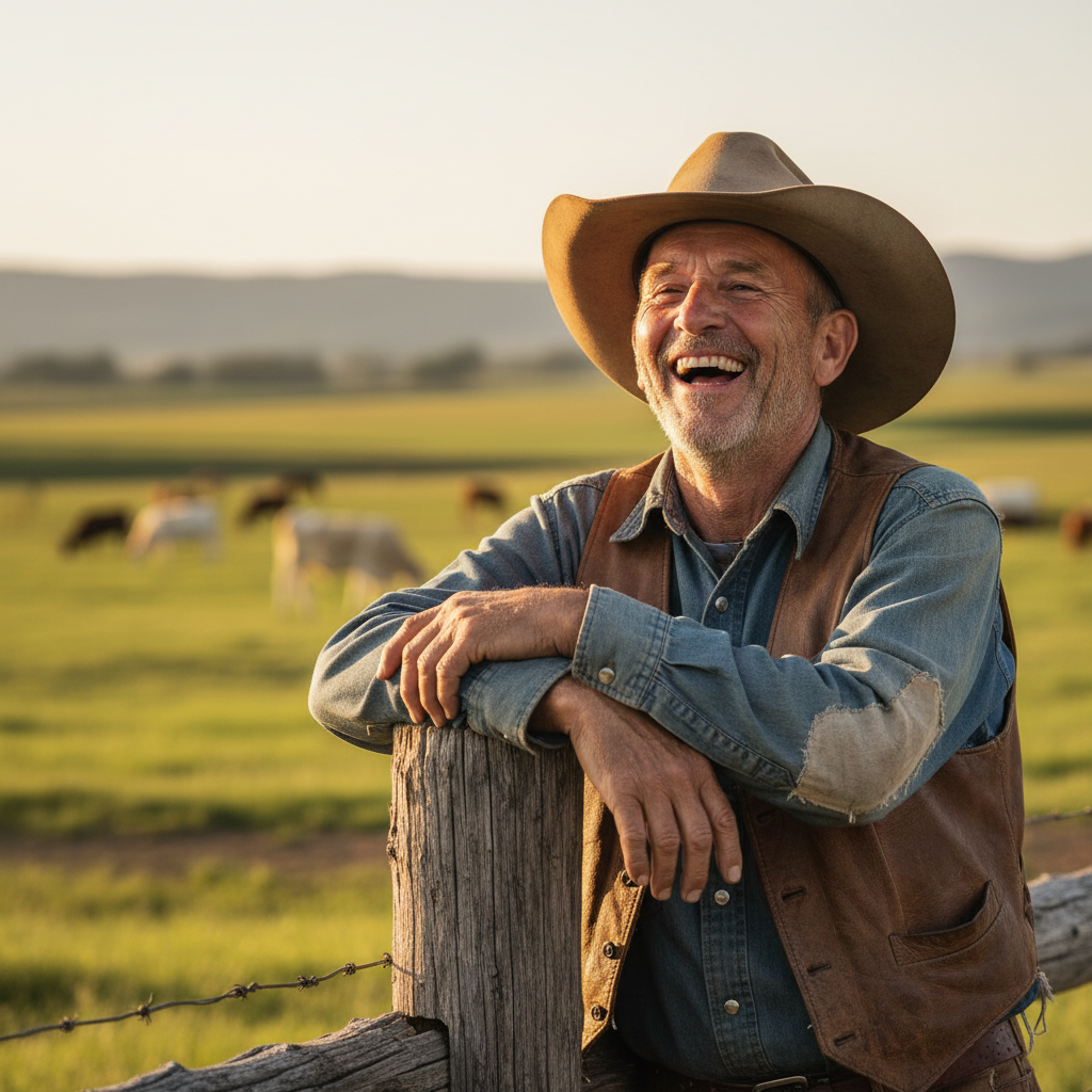 Weathered rancher in a worn Stetson laughing mid-conversation, leaning on a wooden fence post with pasture behind him