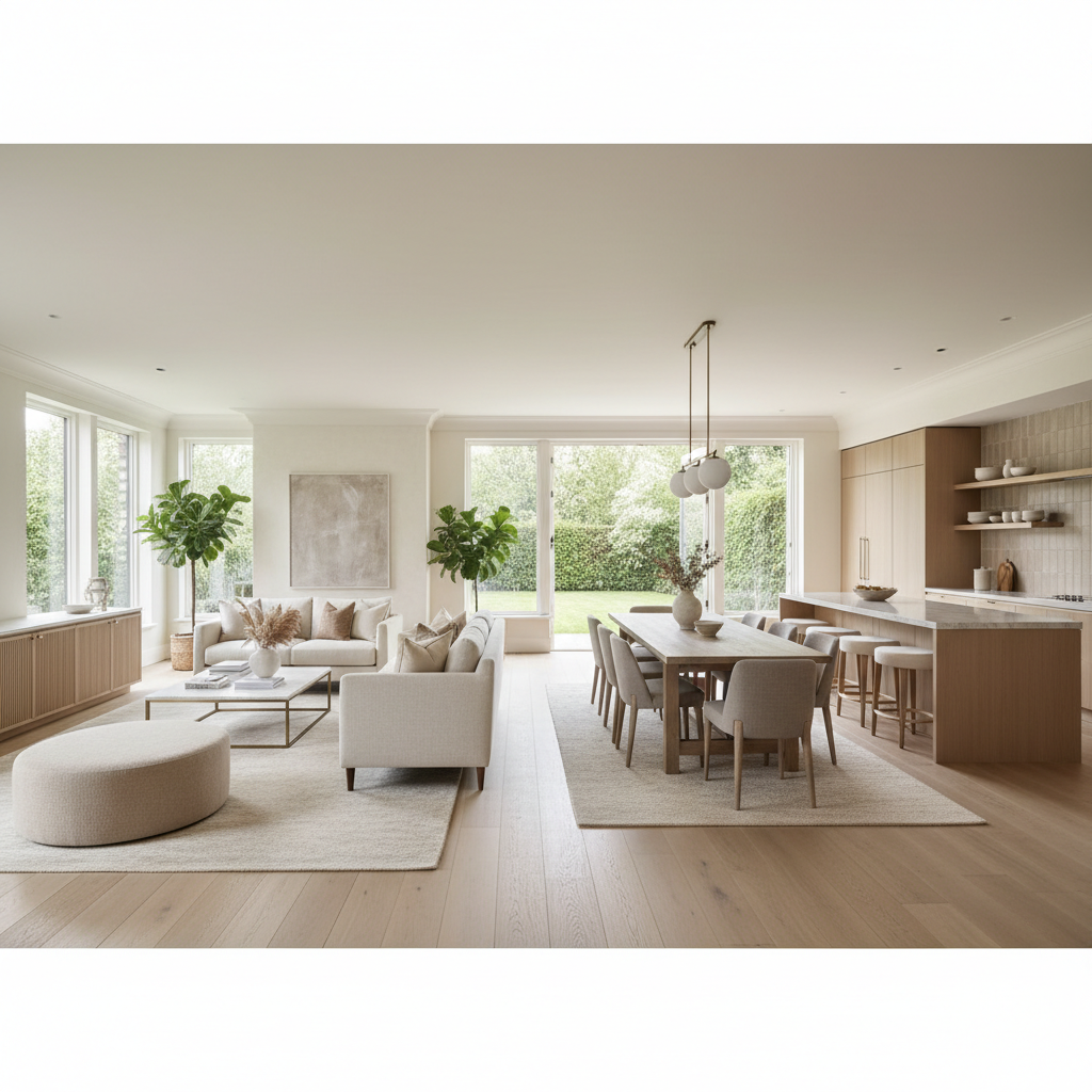 Multiple room views of a cohesively styled home with matching warm neutral palette, vintage accents, coordinated furniture, and consistent warm lighting throughout