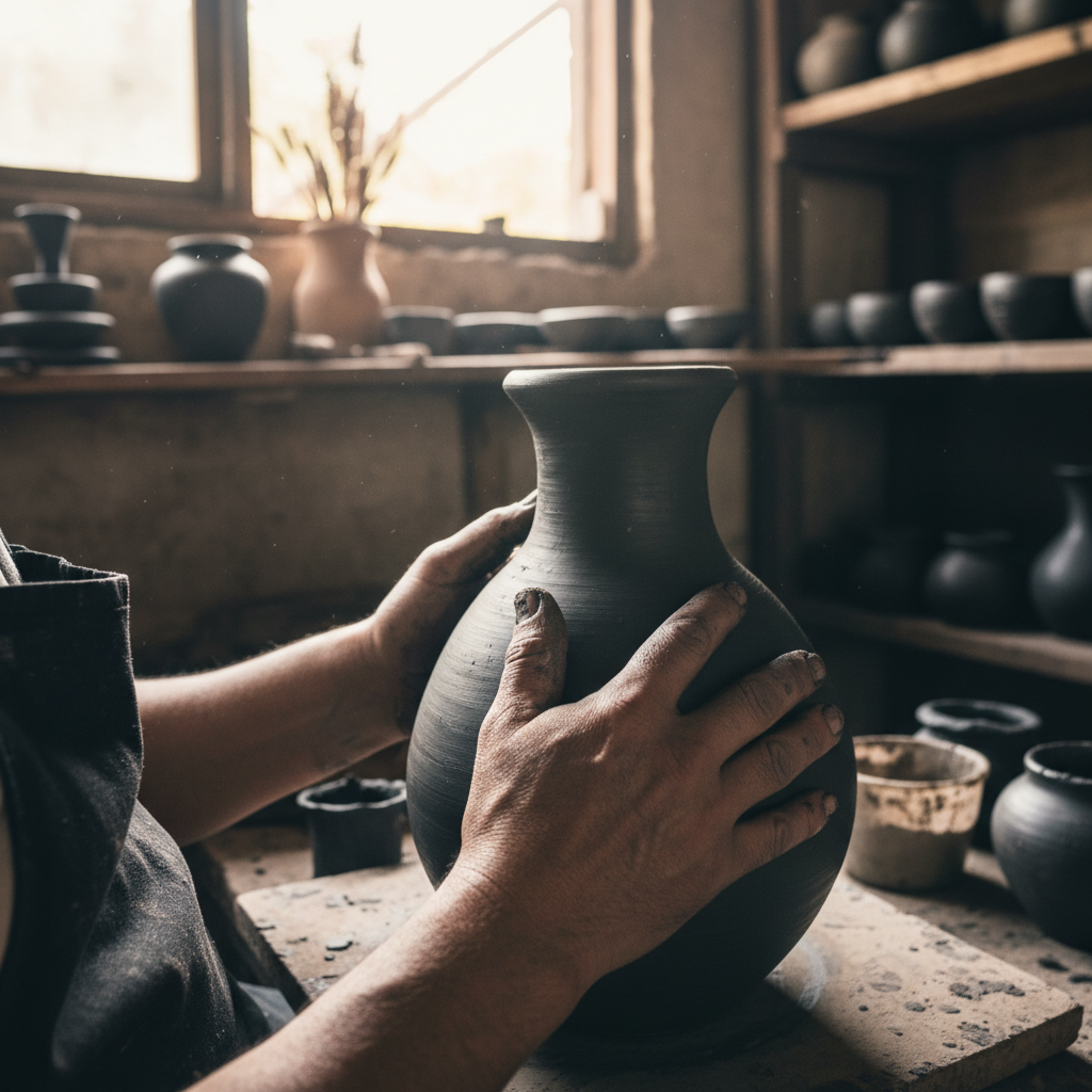 Artisan hands painting ceramic pottery with blue floral patterns, close-up workshop shot, natural light