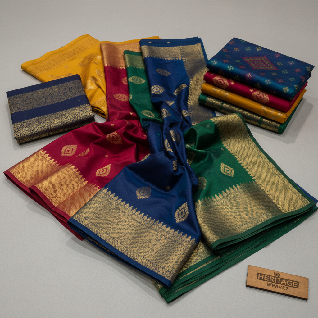 Collection of rich Darbari sarees with golden zari borders and silk fabric from Surat